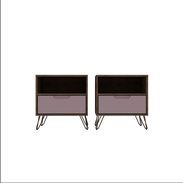 Manhattan Comfort Rockefeller Mid-Century Modern 2- Piece Nightstand Nature and Rose Pink 2-101GMC6