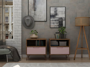 Manhattan Comfort Rockefeller Mid-Century Modern 2- Piece Nightstand Nature and Rose Pink 2-101GMC6