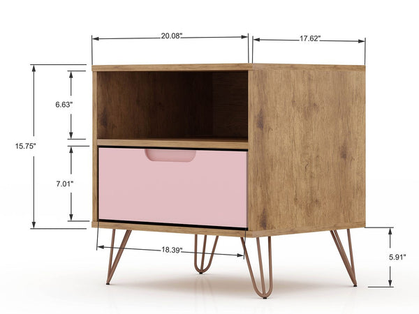 Manhattan Comfort Rockefeller Mid-Century Modern 2- Piece Nightstand Nature and Rose Pink 2-101GMC6