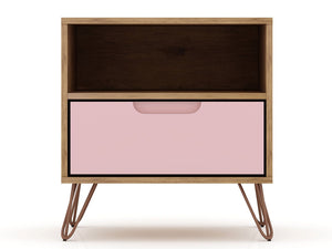 Manhattan Comfort Rockefeller Mid-Century Modern 2- Piece Nightstand Nature and Rose Pink 2-101GMC6