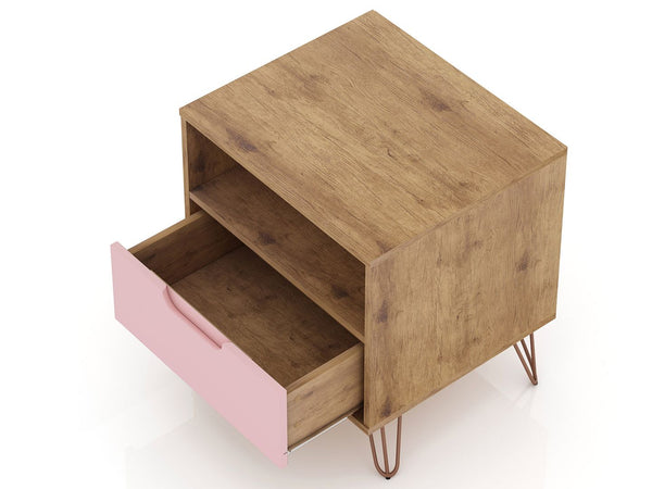 Manhattan Comfort Rockefeller Mid-Century Modern 2- Piece Nightstand Nature and Rose Pink 2-101GMC6