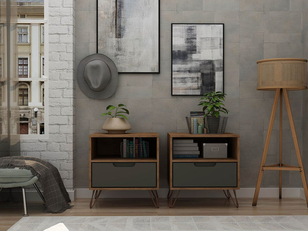 Manhattan Comfort Rockefeller Mid-Century Modern 2- Piece Nightstand Nature and Textured Grey 2-101GMC7