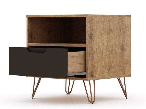 Manhattan Comfort Rockefeller Mid-Century Modern 2- Piece Nightstand Nature and Textured Grey 2-101GMC7