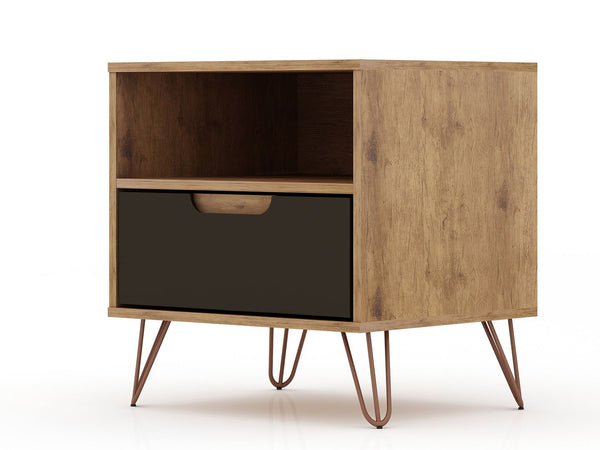 Manhattan Comfort Rockefeller Mid-Century Modern 2- Piece Nightstand Nature and Textured Grey 2-101GMC7