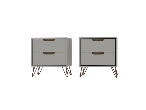 Manhattan Comfort Rockefeller Mid-Century Modern 2- Piece Nightstand Off White and Nature 2-102GMC3