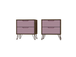 Manhattan Comfort Rockefeller Mid-Century Modern 2- Piece Nightstand Nature and Rose Pink 2-102GMC6