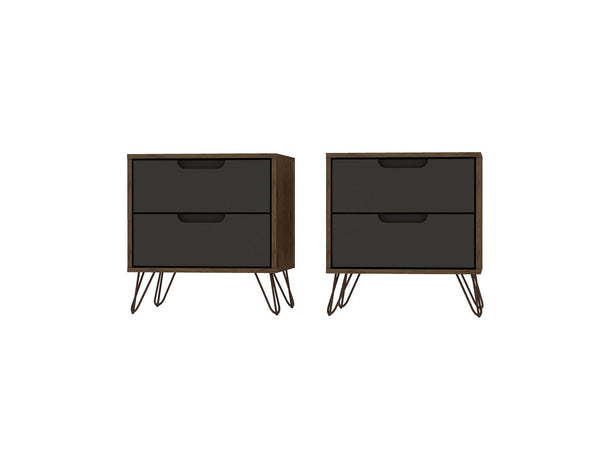 Manhattan Comfort Rockefeller Mid-Century Modern 2- Piece Nightstand Nature and Textured Grey 2-102GMC7