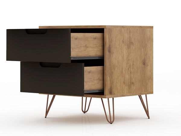 Manhattan Comfort Rockefeller Mid-Century Modern 2- Piece Nightstand Nature and Textured Grey 2-102GMC7