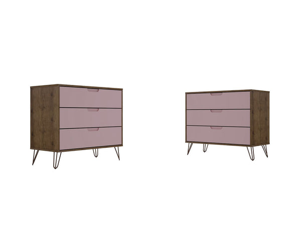 Manhattan Comfort Rockefeller Mid-Century Modern 2- Piece Dresser Nature and Rose Pink 2-103GMC6