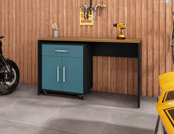 Manhattan Comfort Eiffel Modern Garage Work Station - Set of 2 Matte Black and Aqua Blue 2-259BMC83