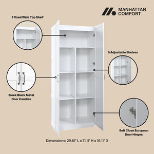 Manhattan Comfort Cornelia Modern Storage Closet With 14 Adjustable Shelves - Effortless Elegance For Any Space White Mdf 2-2bc-wh