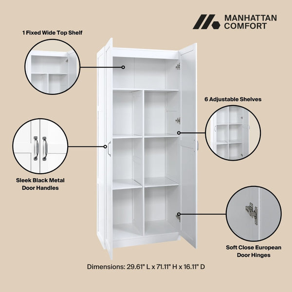 Manhattan Comfort Cornelia Modern Storage Closet With 14 Adjustable Shelves - Effortless Elegance For Any Space White Mdf 2-2bc-wh