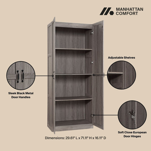 Manhattan Comfort Cornelia Modern Storage Closet With 14 Adjustable Shelves - Effortless Elegance For Any Space Weathered Grey Mdf 2-3bc-gy