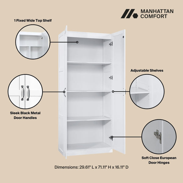 Manhattan Comfort Cornelia Modern Storage Closet With 14 Adjustable Shelves - Effortless Elegance For Any Space White Mdf 2-3bc-wh