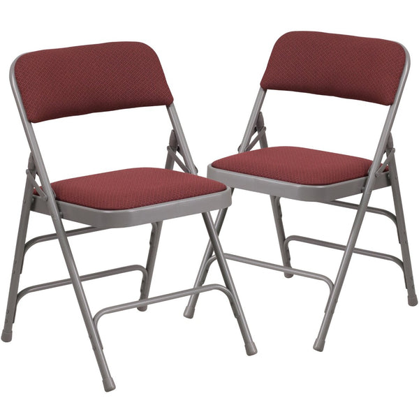 English Elm 2 Pack HERCULES Series Durable Curved Metal Folding Chairs with Comfortable Padded Seats for Events Burgundy Fabric/Grey Frame 2-AW-MC309AF-BG-GG