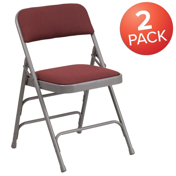English Elm 2 Pack HERCULES Series Durable Curved Metal Folding Chairs with Comfortable Padded Seats for Events Burgundy Fabric/Grey Frame 2-AW-MC309AF-BG-GG
