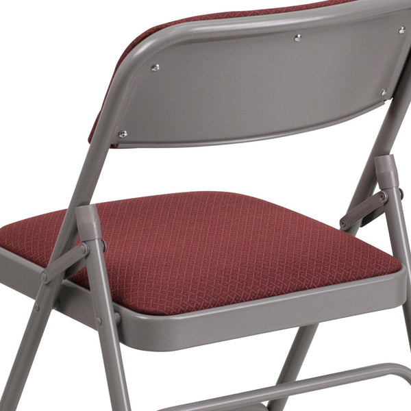 English Elm 2 Pack HERCULES Series Durable Curved Metal Folding Chairs with Comfortable Padded Seats for Events Burgundy Fabric/Grey Frame 2-AW-MC309AF-BG-GG