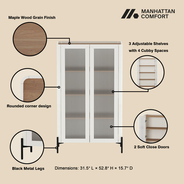 Manhattan Comfort Abbey Décor Cabinet – Elegant Storage Solution With 8 Adjustable Shelves For Timeless Home Style Maple And Off White Mdp 2-bc002-ow