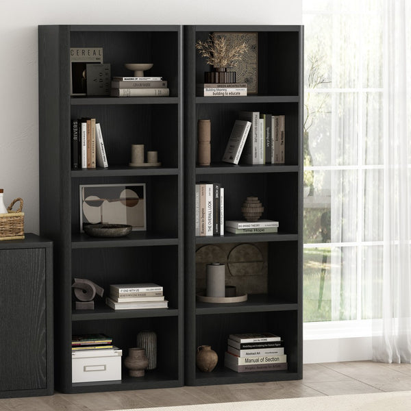 Manhattan Comfort Rivington Modern Open Bookcase Set Of 2 - Stylish 5-shelf Storage Solution For Every Room Black Mdp 2-bc003-bk