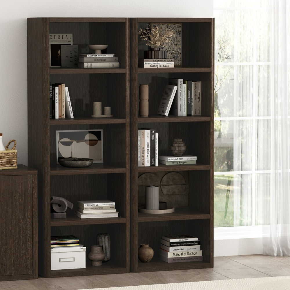 Manhattan Comfort Rivington Modern Open Bookcase Set Of 2 - Stylish 5-shelf Storage Solution For Every Room Dark Walnut Mdp 2-bc003-br