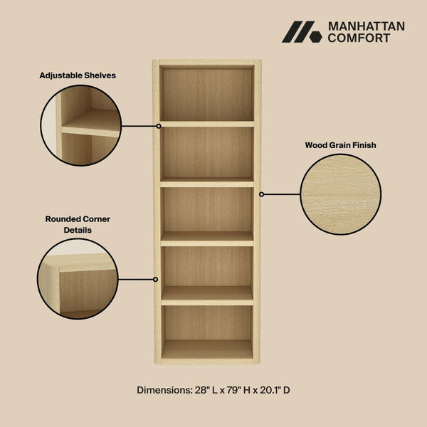 Manhattan Comfort Rivington Modern Open Bookcase Set Of 2 - Stylish 5-shelf Storage Solution For Every Room Natural Oak Mdp 2-bc003-na