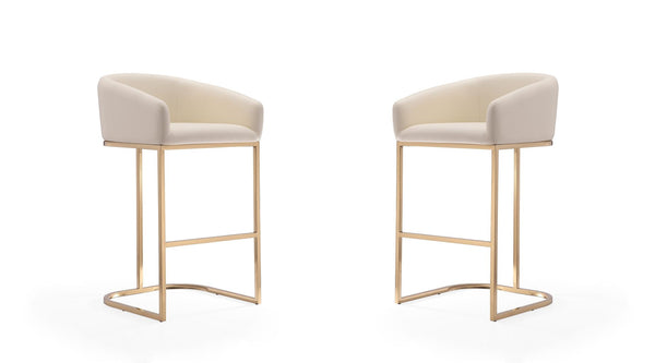 Manhattan Comfort Louvre Mid-Century Modern Bar Stool (Set of 2) Cream and Titanium Gold 2-BS016-CR