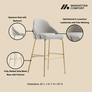 Manhattan Comfort Gracie Leatherette Barstool With Sculpted Curves And Steel Legs For Elegant Dining Spaces Stone And Gold Steel 2-bs022-gst