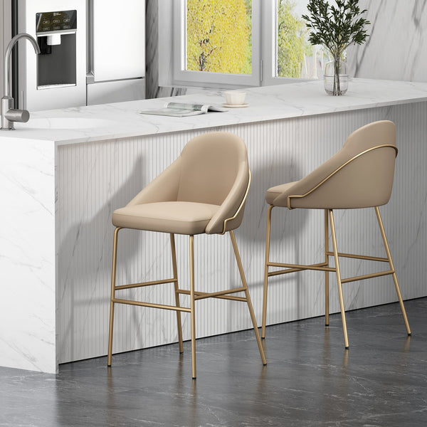 Manhattan Comfort Gracie Leatherette Barstool With Sculpted Curves And Steel Legs For Elegant Dining Spaces Tan And Gold Steel 2-bs022-gtn