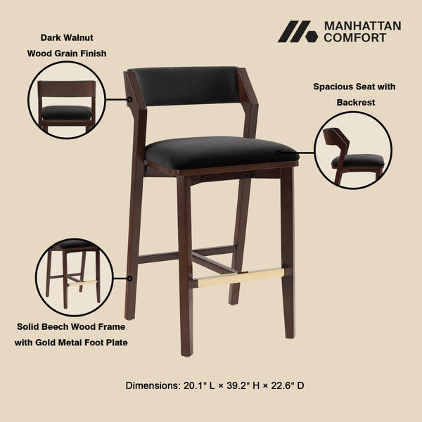 Manhattan Comfort Patricia Velvet Barstool Set Of 2 - Luxurious Comfort With Beech Wood Legs & Glamorous Gold Footrest Black Beech Wood 2-bs026-bk