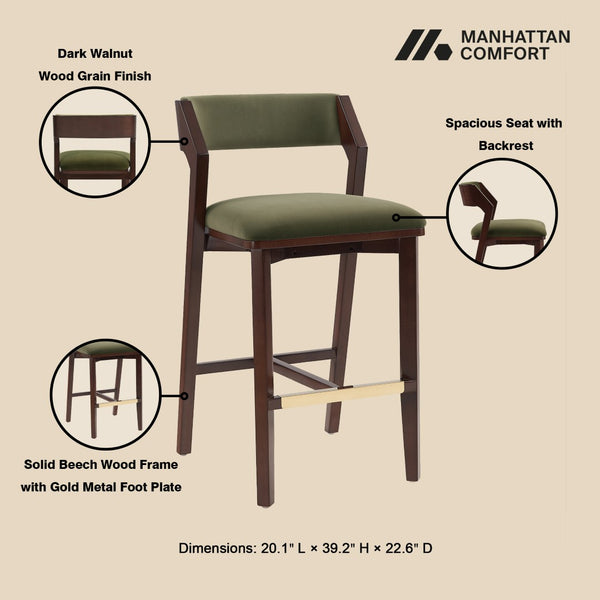 Manhattan Comfort Patricia Velvet Barstool Set Of 2 - Luxurious Comfort With Beech Wood Legs & Glamorous Gold Footrest Turtle Green Beech Wood 2-bs026-gr