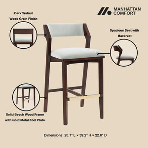 Manhattan Comfort Patricia Velvet Barstool Set Of 2 - Luxurious Comfort With Beech Wood Legs & Glamorous Gold Footrest White Glacier Beech Wood 2-bs026-wh