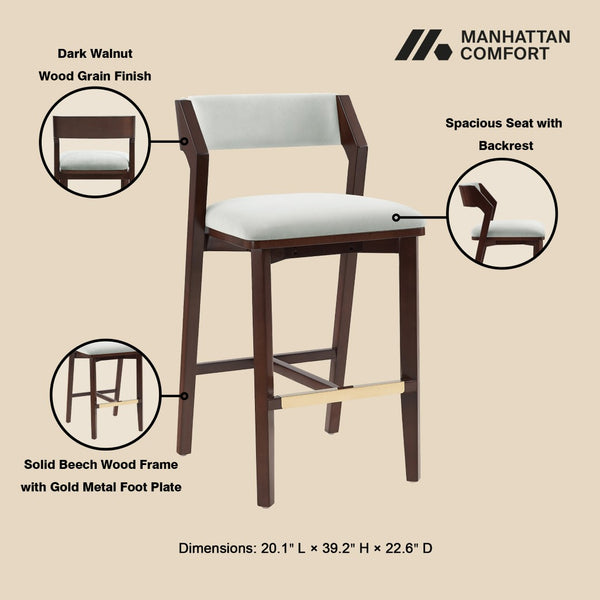 Manhattan Comfort Patricia Velvet Barstool Set Of 2 - Luxurious Comfort With Beech Wood Legs & Glamorous Gold Footrest White Glacier Beech Wood 2-bs026-wh