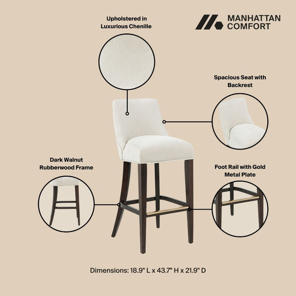 Manhattan Comfort Beever Chenille Barstool Set Of 2 With Elegant Rubberwood Legs For Stylish Kitchen Or Bar Decor Cream Rubberwood 2-bs027-cr