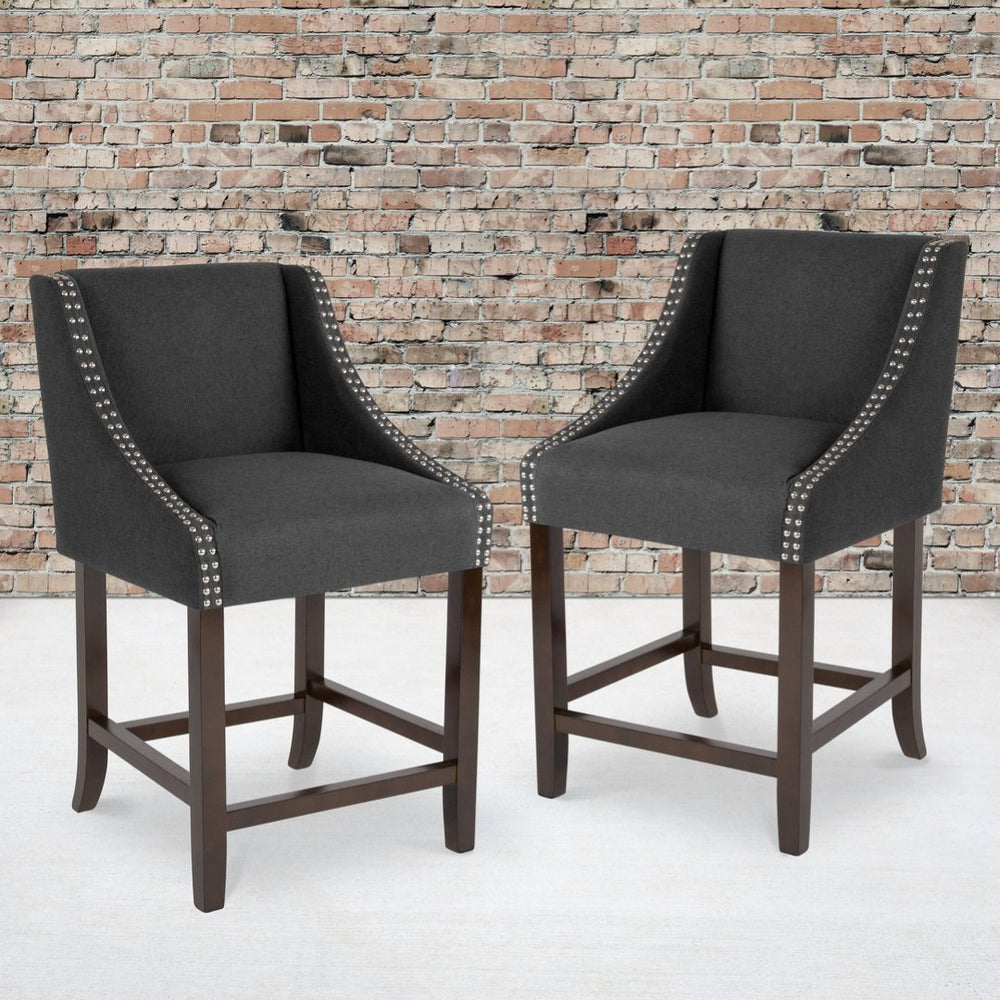 English Elm Carmel 24" High Transitional Walnut Counter Height Stools Set of 2 with Elegant Nailhead Trim Charcoal Fabric 2-CH-182020-24-BK-F-GG