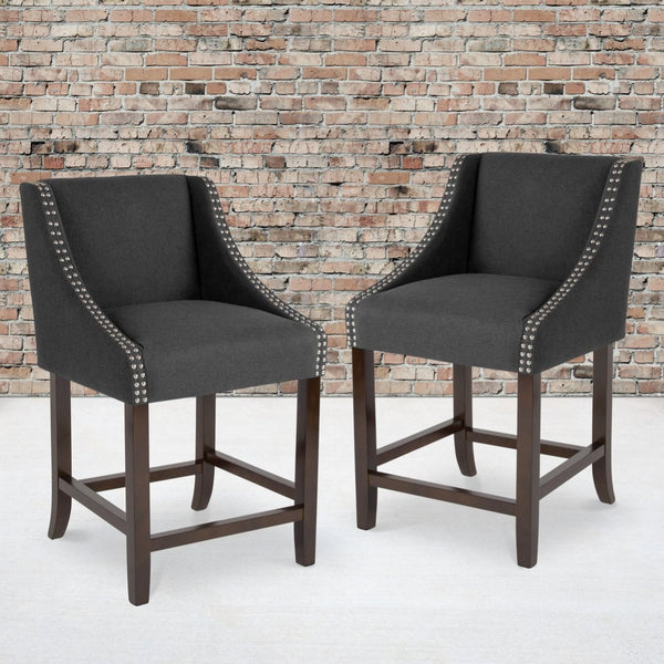 English Elm Carmel 24" High Transitional Walnut Counter Height Stools Set of 2 with Elegant Nailhead Trim Charcoal Fabric 2-CH-182020-24-BK-F-GG