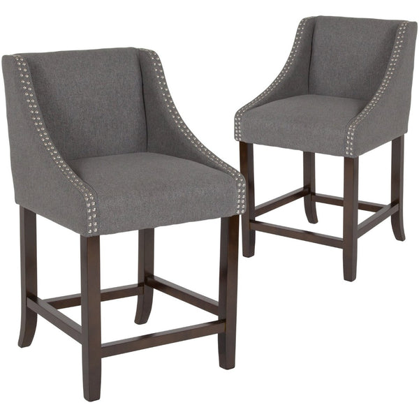 English Elm Carmel 24" High Transitional Walnut Counter Height Stools Set of 2 with Elegant Nailhead Trim Dark Gray Fabric 2-CH-182020-24-DKGY-F-GG