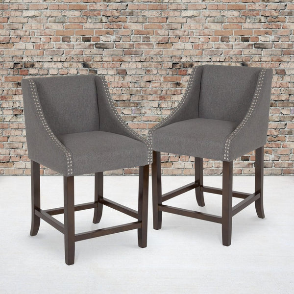 English Elm Carmel 24" High Transitional Walnut Counter Height Stools Set of 2 with Elegant Nailhead Trim Dark Gray Fabric 2-CH-182020-24-DKGY-F-GG