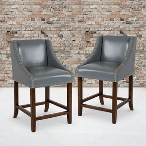 English Elm Carmel 24" High Transitional Walnut Counter Height Stools Set of 2 with Elegant Nailhead Trim Light Gray LeatherSoft 2-CH-182020-24-LTGY-GG