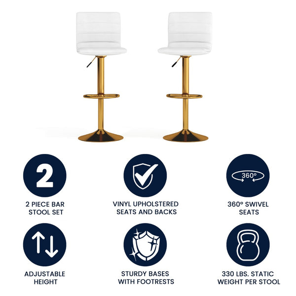 English Elm Vincent Modern Adjustable Bar Stools Set of 2 - Chic Swivel Design for Kitchen or Game Room Decor White Vinyl/Gold Frame 2-CH-92023-1-WH-G-GG