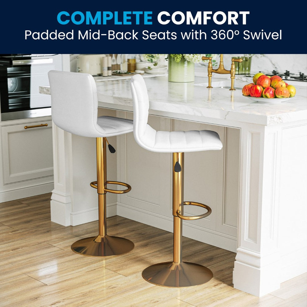 English Elm Vincent Modern Adjustable Bar Stools Set of 2 - Chic Swivel Design for Kitchen or Game Room Decor White Vinyl/Gold Frame 2-CH-92023-1-WH-G-GG