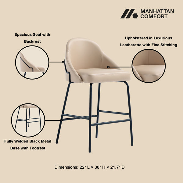 Manhattan Comfort Gracie Leatherette Counter Stools With Steel Legs For Elegant Dining Spaces – Timeless Design Tan And Black Steel 2-cs019-btn