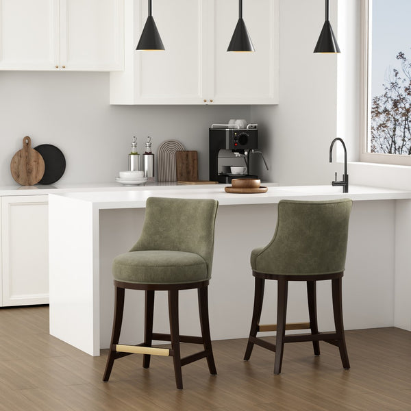 Manhattan Comfort Lucia Chenille Counter Stool With Curved Backrest And Gold Footrest - Set Of 2 For Elegant Seating Leaf Green Beech Wood 2-cs022-gr