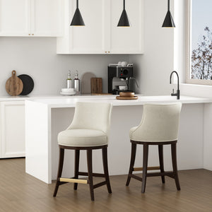 Manhattan Comfort Lucia Chenille Counter Stool With Curved Backrest And Gold Footrest - Set Of 2 For Elegant Seating Natural Beech Wood 2-cs022-na