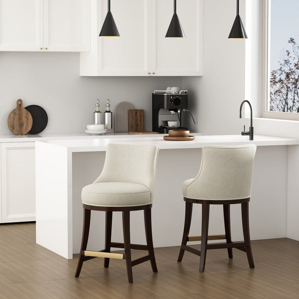 Manhattan Comfort Lucia Chenille Counter Stool With Curved Backrest And Gold Footrest - Set Of 2 For Elegant Seating Natural Beech Wood 2-cs022-na