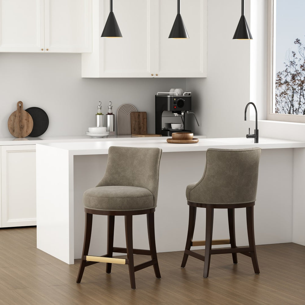 Manhattan Comfort Lucia Chenille Counter Stool With Curved Backrest And Gold Footrest - Set Of 2 For Elegant Seating Taupe Beech Wood 2-cs022-tp