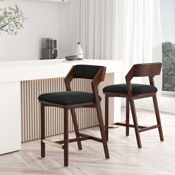 Manhattan Comfort Patricia Velvet Counter Stool With Beech Wood Frame And Glamorous Gold Footrest - Set Of 2 Black Beech Wood 2-cs023-bk