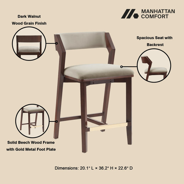 Manhattan Comfort Patricia Velvet Counter Stool With Beech Wood Frame And Glamorous Gold Footrest - Set Of 2 Linen Beech Wood 2-cs023-ln