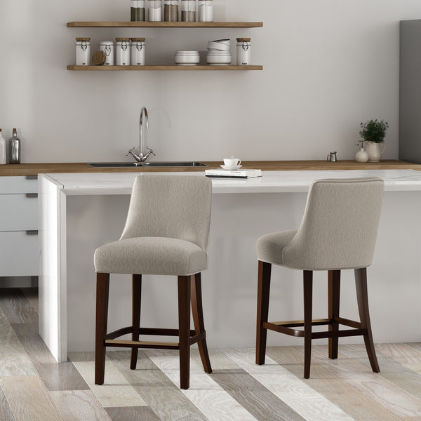 Manhattan Comfort Beever Chenille Bar Stool Set With Elegant Rubberwood Legs - Comfort Meets Mid-century Style Taupe Rubberwood 2-cs024-tp