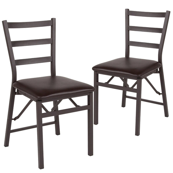 English Elm 2 Pack HERCULES Series Sturdy Folding Ladder Back Chairs with Comfortable Brown Vinyl Seats 2-CY-180841-GG