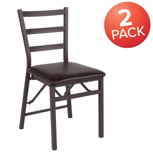 English Elm 2 Pack HERCULES Series Sturdy Folding Ladder Back Chairs with Comfortable Brown Vinyl Seats 2-CY-180841-GG
